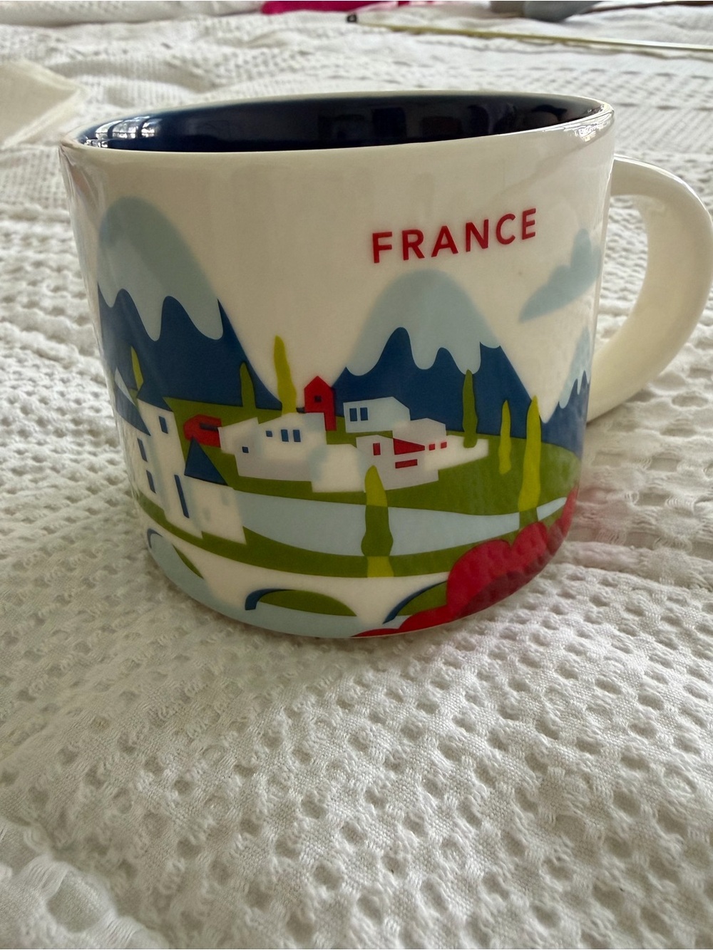 Starbucks France Scenic White Mug with Blue Interior and Multicolor Village